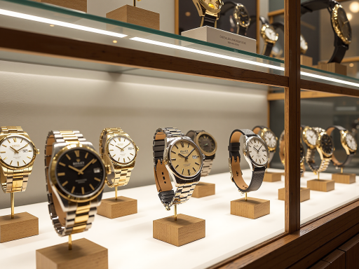 Luxury watch store interior with elegant displays and classic architecture, showcasing high-end timepieces under professional lighting